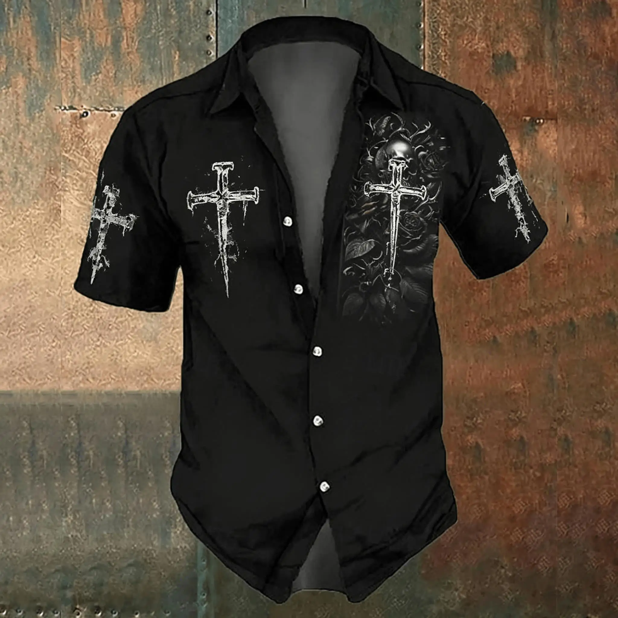 Men'S Gothic Formal Wear - Chemise décontractée noire à imprimé croisé